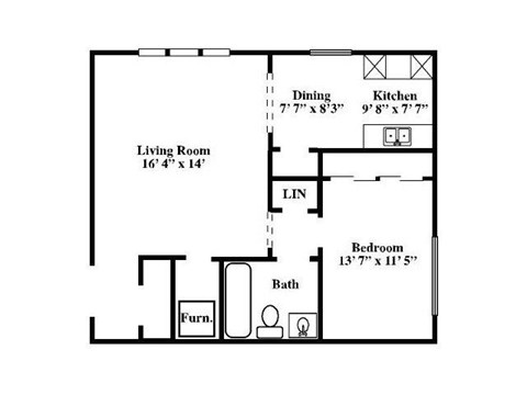 Floor plan for 1 bed, 1 bath, 800 sqft