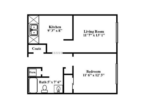 Floor plan for 1 bed, 1 bath, 600 sqft
