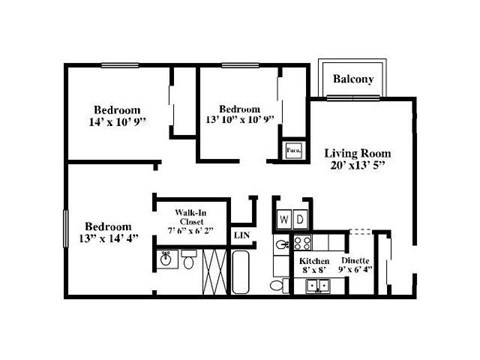 Floor plan for 3 beds, 2 baths, 1350 sqft