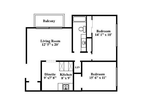 Floor plan for 2 beds, 1 bath, 985 sqft