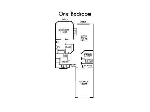 Floor plan for 1 bed, 1 bath, 800 sqft