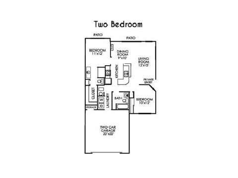 Floor plan for 2 beds, 2 baths, 1100 sqft