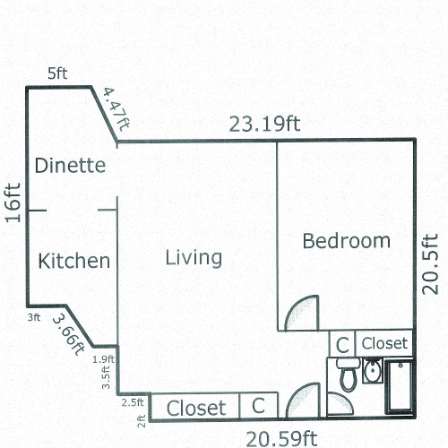 Floor plan for 1 bed, 1 bath, 584 sqft