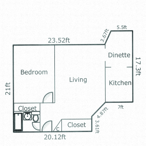 Floor plan for 1 bed, 1 bath, 598 sqft
