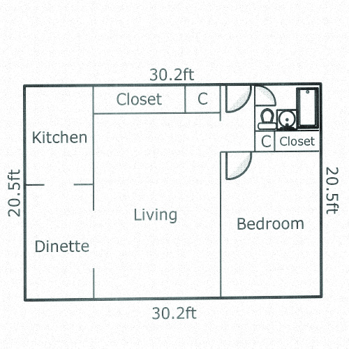 Floor plan for 1 bed, 1 bath, 620 sqft