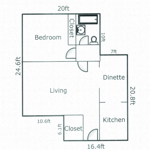 Floor plan for 1 bed, 1 bath, 690 sqft