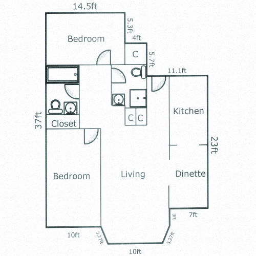 Floor plan for 2 beds, 2 baths, 965 sqft