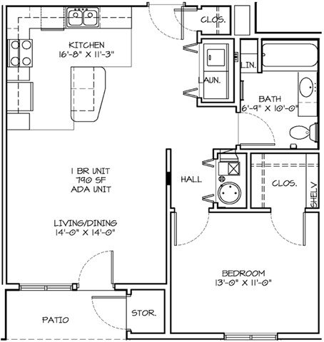 Floor plan for 1 bed, 1 bath, 786 sqft