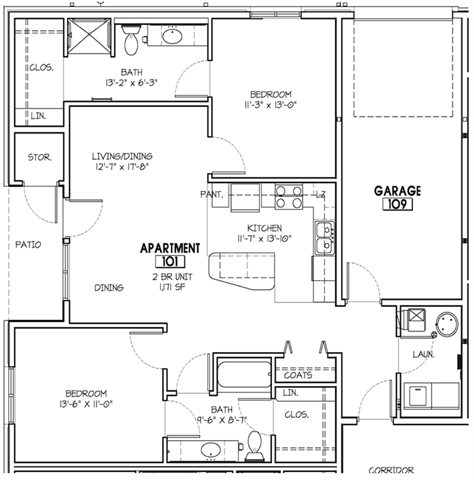 Floor plan for 2 beds, 2 baths, 1223 sqft