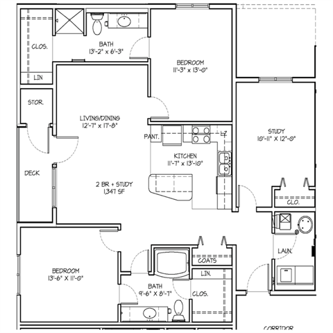 Floor plan for 3 beds, 2 baths, 1348 sqft