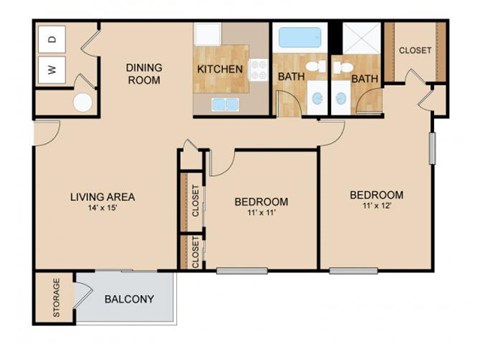 Floor plan for 2 beds, 2 baths, 1190 sqft