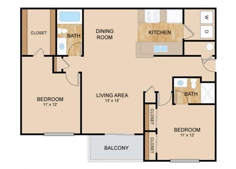 Floor plan for 2 beds, 2 baths, 1118 sqft
