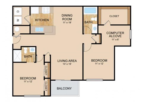 Floor plan for 2 beds, 2 baths, 1211 sqft