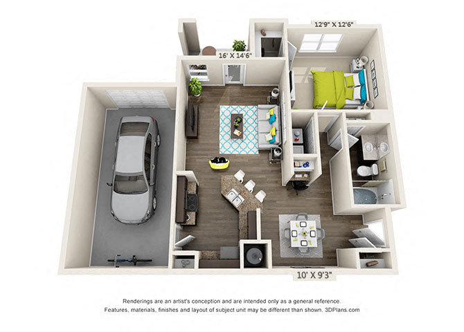 Floor plan for 1 bed, 1 bath, 890 sqft