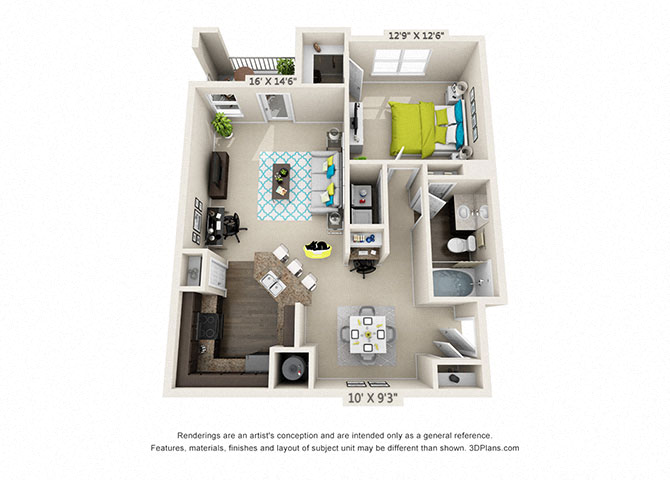 Floor plan for 1 bed, 1 bath, 890 sqft