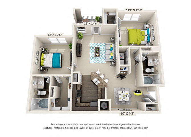 Floor plan for 2 beds, 2 baths, 1186 sqft