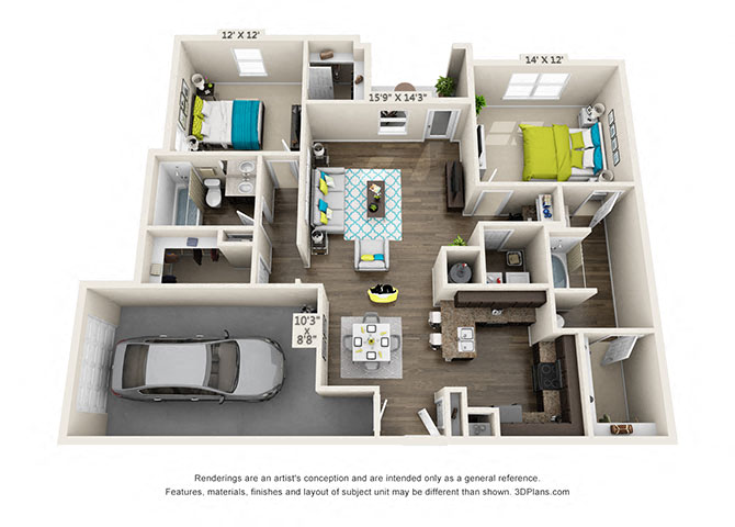 Floor plan for 2 beds, 2 baths, 1324 sqft