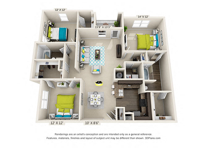Floor plan for 3 beds, 2 baths, 1491 sqft
