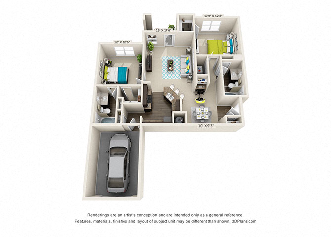 Floor plan for 2 beds, 2 baths, 1186 sqft