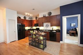 Houston apartment for rent - a large kitchen with black appliances and wooden cabinets