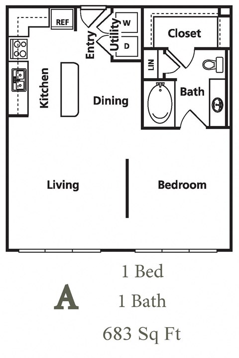 Floor plan for 1 bed, 1 bath, 683 sqft