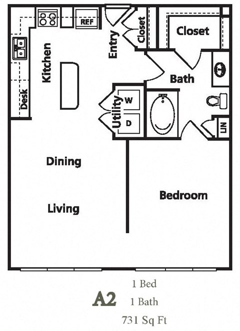 Floor plan for 1 bed, 1 bath, 731 sqft