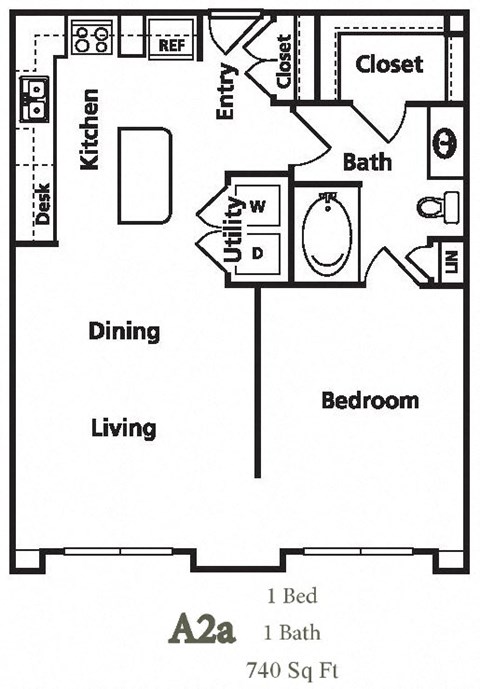 Floor plan for 1 bed, 1 bath, 740 sqft