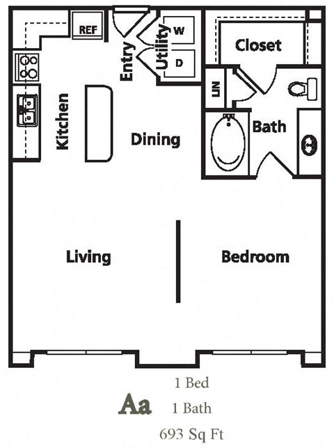 Floor plan for 1 bed, 1 bath, 693 sqft