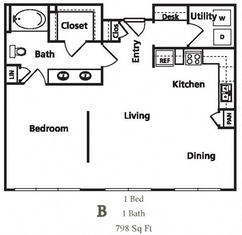 Floor plan for 1 bed, 1 bath, 798 sqft