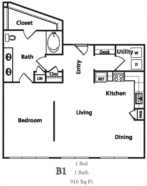 Floor plan for 1 bed, 1 bath, 916 sqft