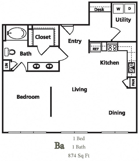 Floor plan for 1 bed, 1 bath, 874 sqft