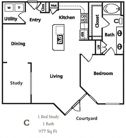 Floor plan for 1 bed, 1 bath, 977 sqft
