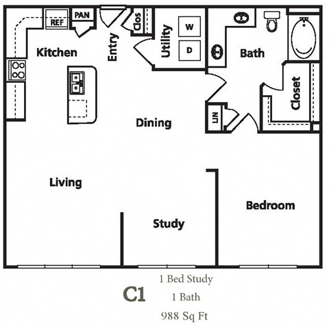 Floor plan for 1 bed, 1 bath, 988 sqft