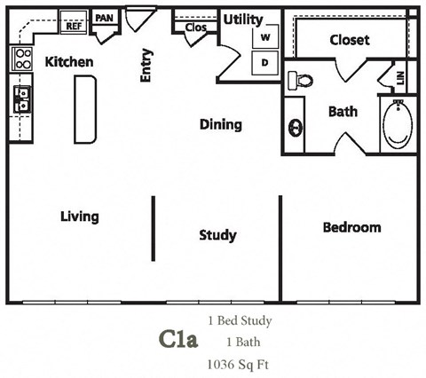 Floor plan for 1 bed, 1 bath, 1036 sqft