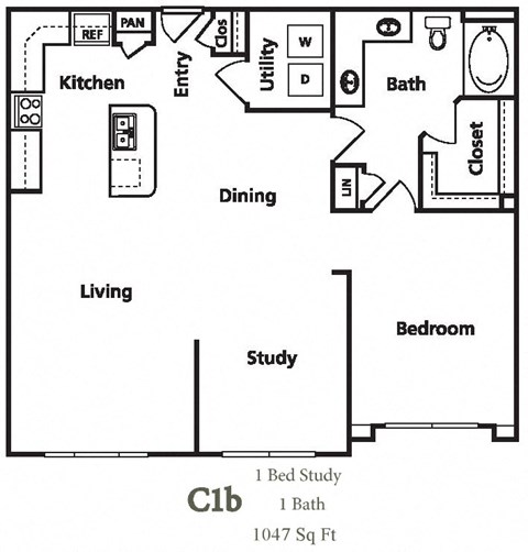 Floor plan for 1 bed, 1 bath, 1047 sqft