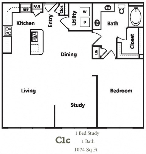 Floor plan for 1 bed, 1 bath, 1074 sqft