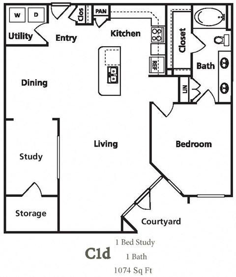 Floor plan for 1 bed, 1 bath, 1074 sqft