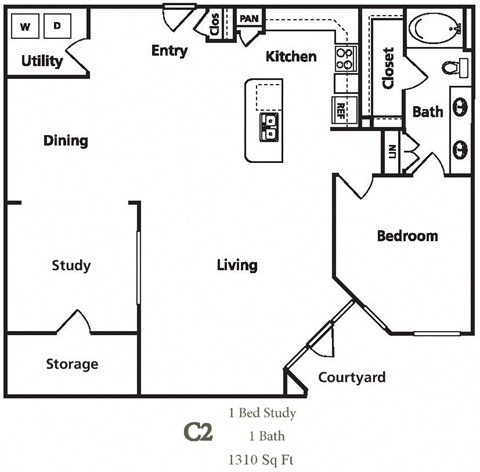 Floor plan for 1 bed, 1 bath, 1310 sqft