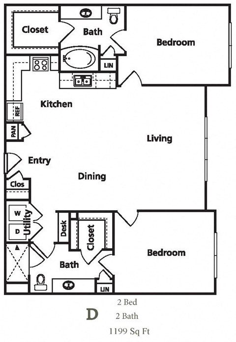 Floor plan for 2 beds, 2 baths, 1199 sqft