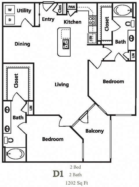 Floor plan for 2 beds, 2 baths, 1202 sqft