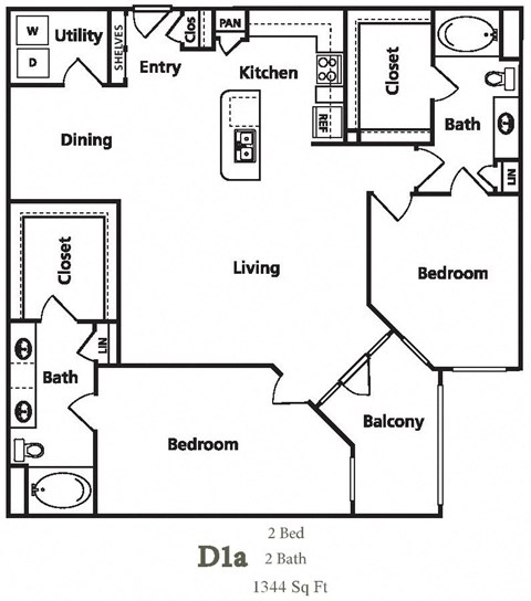 Floor plan for 2 beds, 2 baths, 1344 sqft