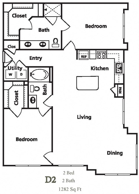 Floor plan for 2 beds, 2 baths, 1282 sqft