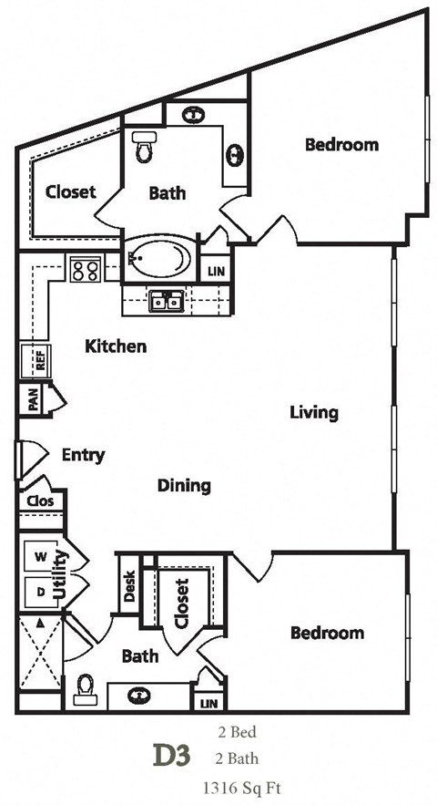 Floor plan for 2 beds, 2 baths, 1316 sqft