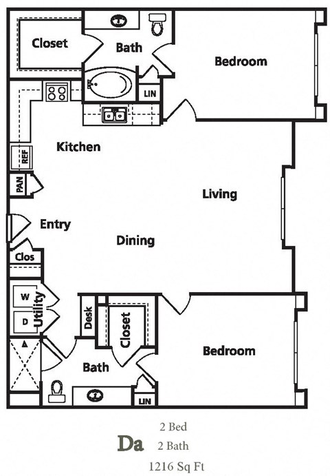Floor plan for 2 beds, 2 baths, 1216 sqft