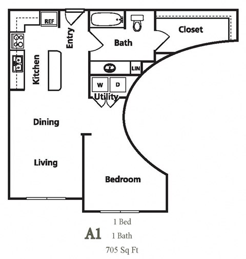 Floor plan for 1 bed, 1 bath, 705 sqft