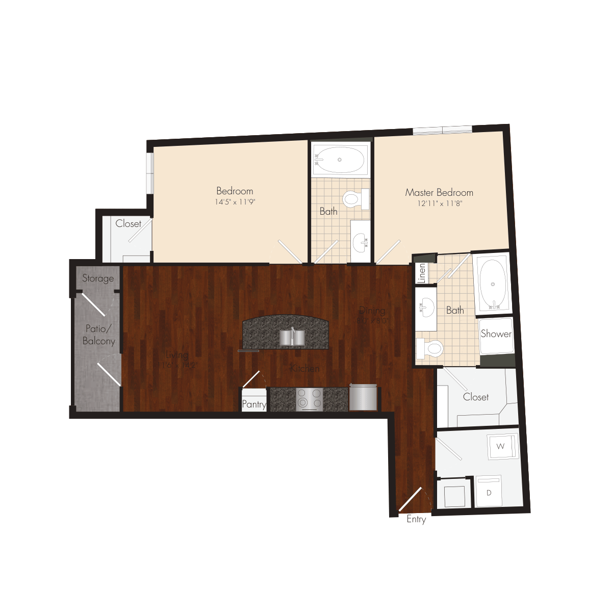 Floor plan for 2 beds, 2 baths, 1138 sqft