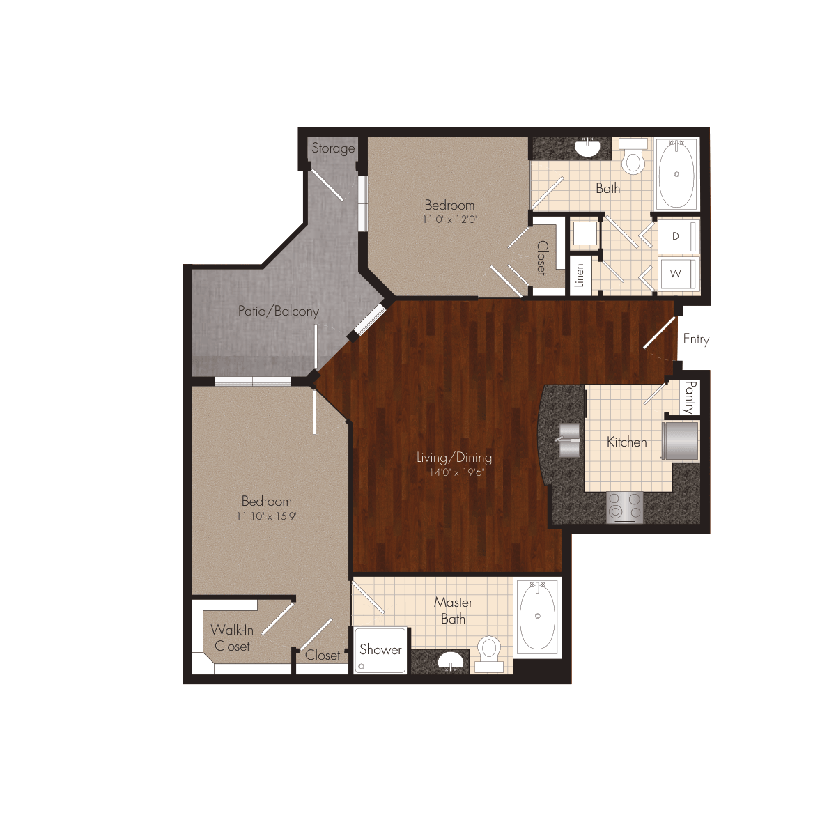 Floor plan for 2 beds, 2 baths, 1160 sqft