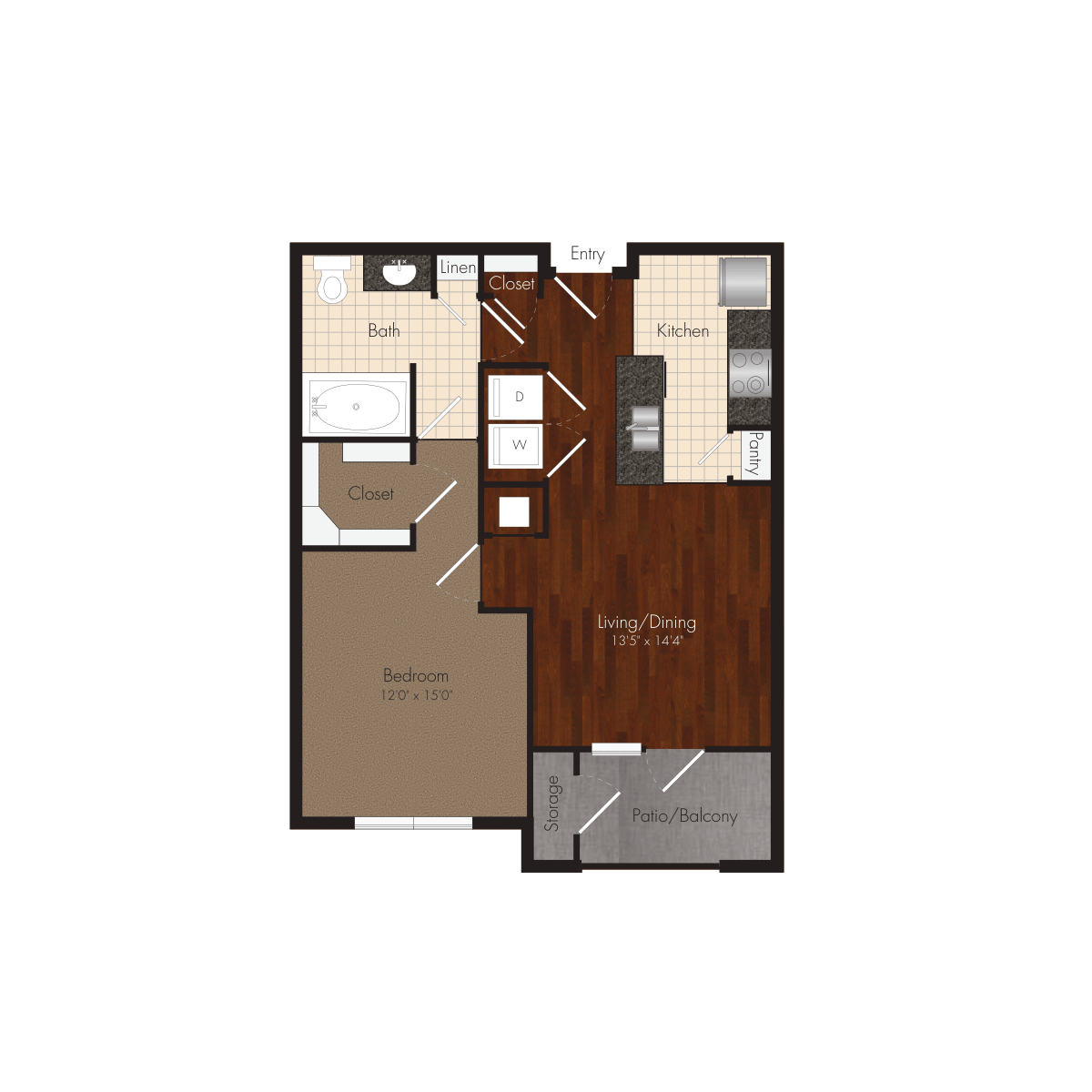 Floor plan for 1 bed, 1 bath, 733 sqft