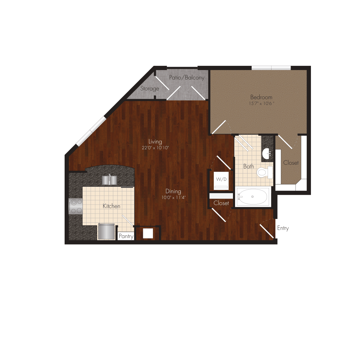 Floor plan for 1 bed, 1 bath, 842 sqft