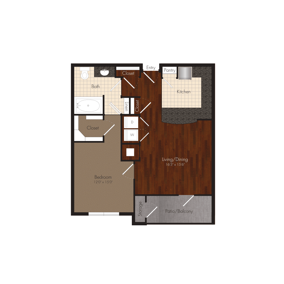 Floor plan for 1 bed, 1 bath, 802 sqft